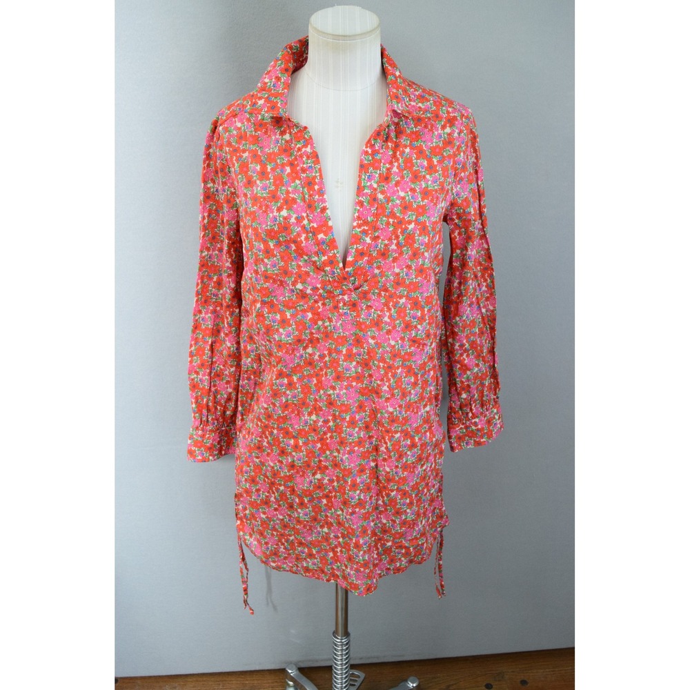 J. Crew Cotton Voile Tunic Cover-up XXS V Neck Long Sleeve Top Brilliant Blooms